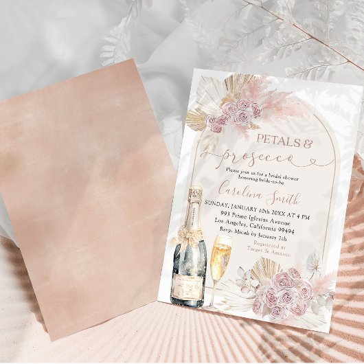 Boho Blush Pink Bloral Petals Prosecco Bridal Einladung