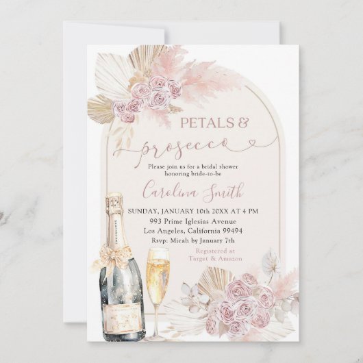 Boho Blush Pink Bloral Petals Prosecco Bridal Einladung (Vorderseite)