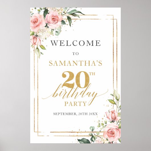Boho blush pink Blumen 20. Geburtstag Begrüßung Poster (Vorne)