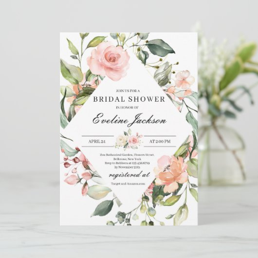 Boho Blush Pink Blumendusche Einladung (Stehend Vorderseite)