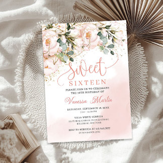 Boho blush pink blumengold Blätter 16 . Geburtstag Einladung