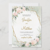 Boho Blush Pink Blumengrün Gold Rahmen Hochzeit Einladung (Vorderseite)