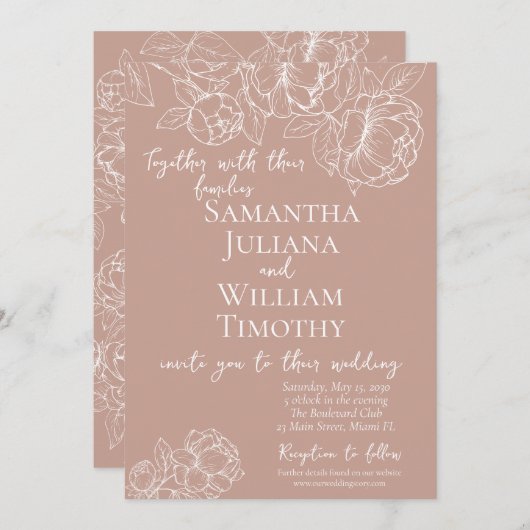 Boho Blush Pink Botanical Floral Moderne Hochzeit Einladung (Vorne/Hinten)