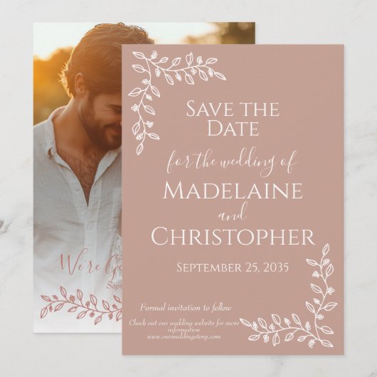 Boho Blush Pink Botanical Foto Wedding Save The Date (Vorne/Hinten)