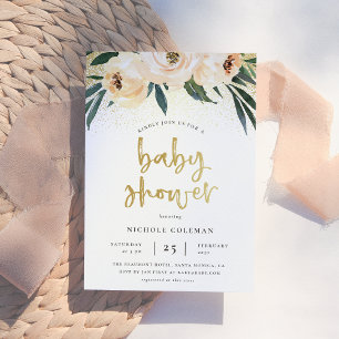 Boho Blush Pink & Brushed Gold Script Baby Shower Einladung