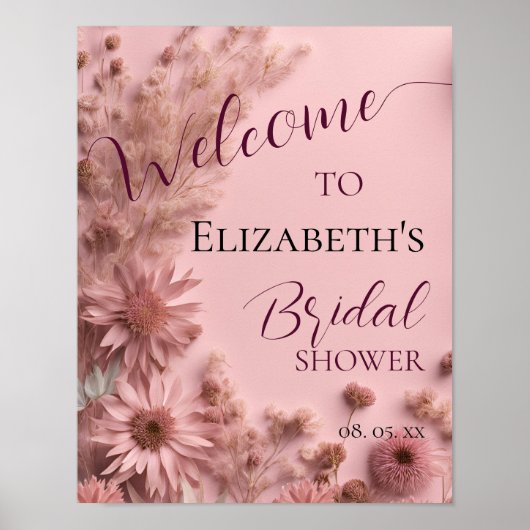 Boho Blush Pink Dried Wildblumen Script Willkommen Poster (Vorne)