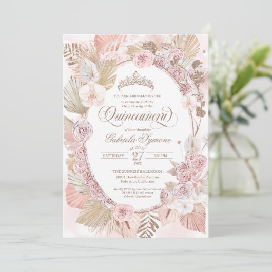 Boho Blush Pink & Driving Floral Rose Quinceanera Einladung (Stehend Vorderseite)