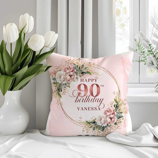 Boho Blush Pink Floral 90th Birthday Pillow Kissen (Boho Blush Pink Floral 90th Birthday Pillow)