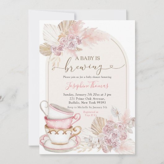 Boho Blush Pink Floral Baby Brewing Baby Baby Show Einladung (Vorderseite)