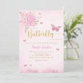 Boho Blush Pink Floral Butterfly Girl Babydusche Einladung (Stehend Vorderseite)