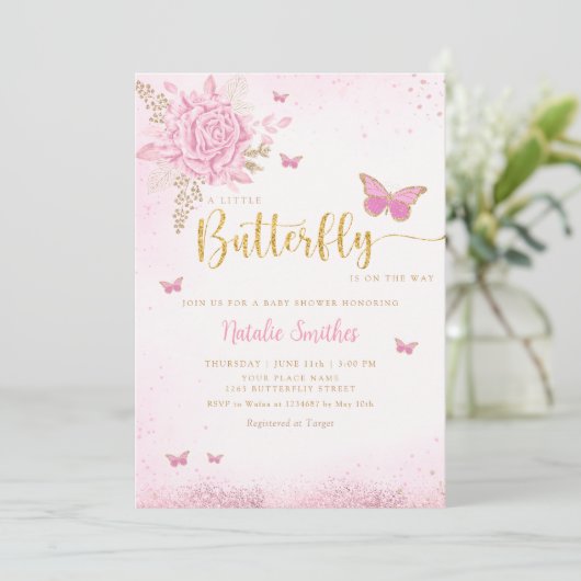 Boho Blush Pink Floral Butterfly Girl Babydusche Einladung (Stehend Vorderseite)
