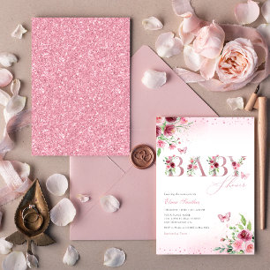Boho Blush Pink Floral Butterfly Girl Babydusche Einladung
