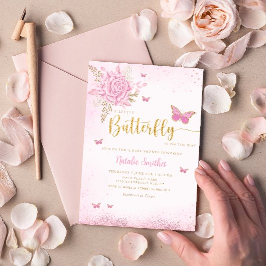 Boho Blush Pink Floral Butterfly Girl Babydusche Einladung