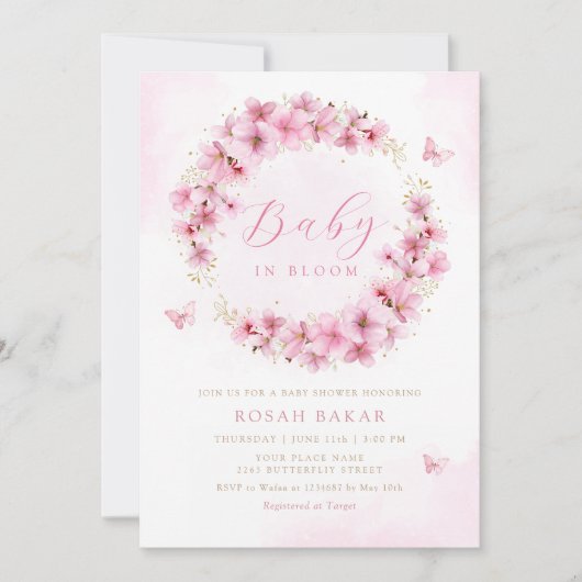 Boho Blush Pink Floral Butterfly Girl Babydusche Einladung (Vorderseite)