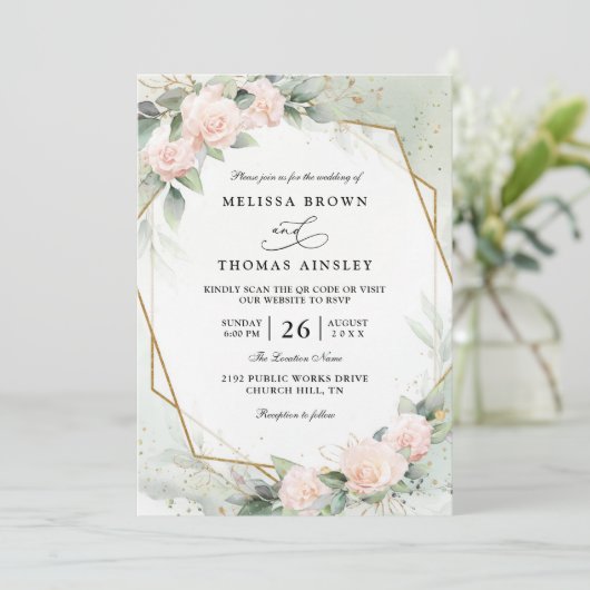 Boho Blush Pink Floral Greenery QR Code Wedding Einladung (Stehend Vorderseite)