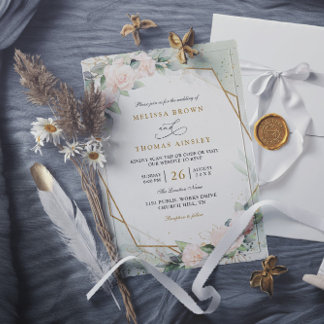 Boho Blush Pink Floral Greenery QR Code Wedding Einladung