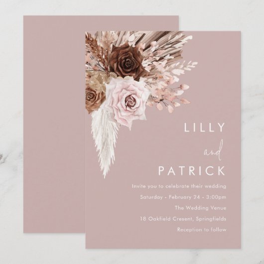 Boho Blush Pink Floral Wedding Einladung (Vorne/Hinten)