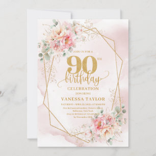Boho Blush Pink Gold Blumen 90. Geburtstagseinladu Einladung