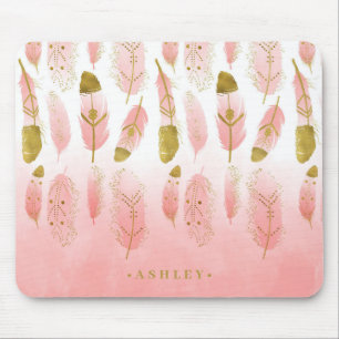 Boho Blush Pink & Gold Feathers Ombre Personalisie Mousepad