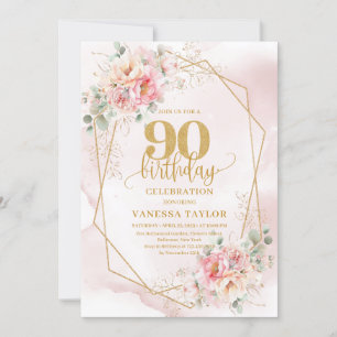 Boho Blush Pink Gold Floral 90. Geburtstag Einladu Einladung