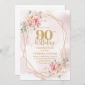 Boho Blush Pink Gold Floral 90th Birthday Invites Einladung (Vorne/Hinten)