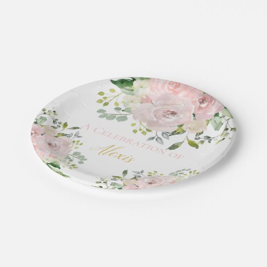 Boho Blush Pink Gold Floral Bridal oder Baby Dusch Pappteller (Schrägansicht)