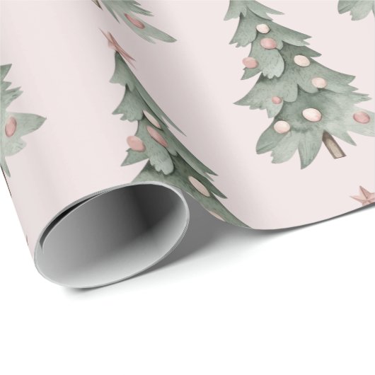 Boho Blush Pink Green Christmas Tree Geschenkpapier (Rolleneckpunkt)