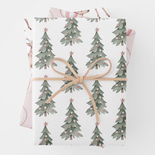 Boho Blush Pink Grüner Weihnachtsbaum Rentier Geschenkpapier Set (Beispiel)