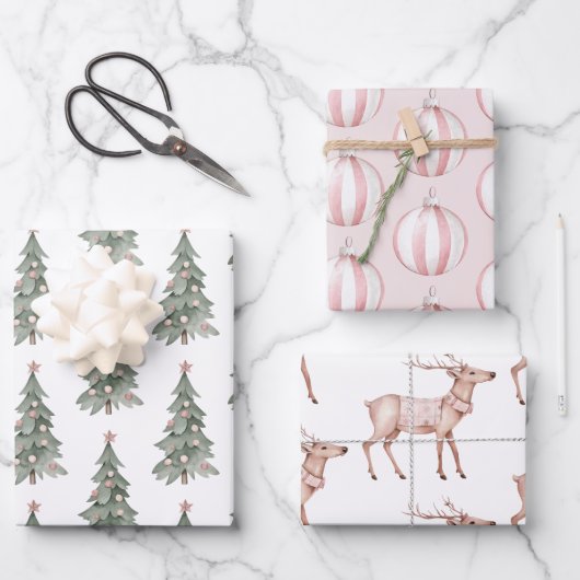 Boho Blush Pink Grüner Weihnachtsbaum Rentier Geschenkpapier Set (Vorderseite)