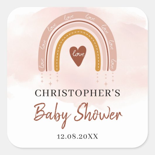 Boho Blush Pink Regenbogen Babydusche Quadrat Aufk Quadratischer Aufkleber (Vorderseite)
