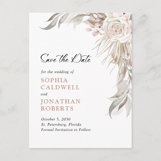 Boho Blush Pink Rose Elegantes Foliage Save the Da Ankündigungspostkarte (Vorderseite)