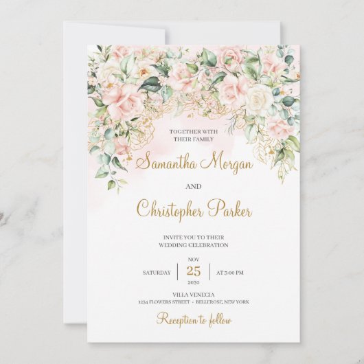 Boho Blush Pink Roses Blume Romantische Hochzeit Einladung (Vorderseite)