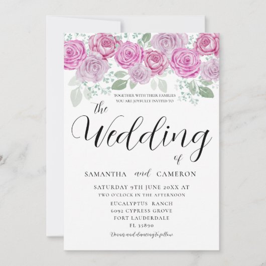 Boho Blush Pink Roses & Calligraphy Wedding Einladung (Vorderseite)