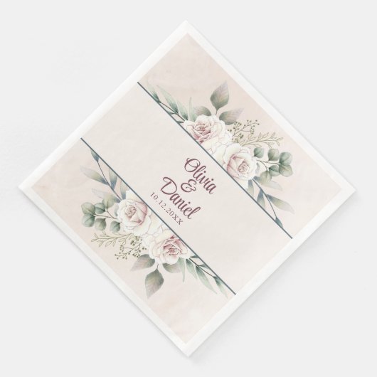 Boho Blush Pink Roses Individuelle Name Wedding Serviette (Ecke)