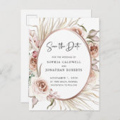 Boho Blush Pink Roses Save the Date Palm Ankündigungspostkarte (Vorne/Hinten)