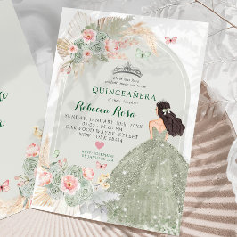 Boho Blush Pink Sage Green Princesa Quinceañera Einladung