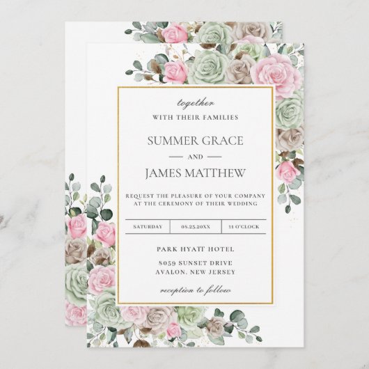 Boho Blush Pink Sage Grüne Taupe Blumenhochzeit Einladung (Vorne/Hinten)