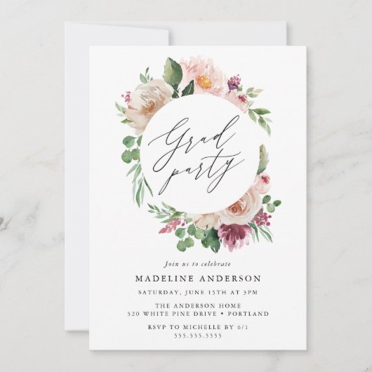 Boho Blush Pink Spring Floral Graduation Party Einladung (Vorderseite)