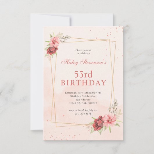 Boho Blush Pink Terracotta Floral 53. Geburtstag Einladung (Vorderseite)