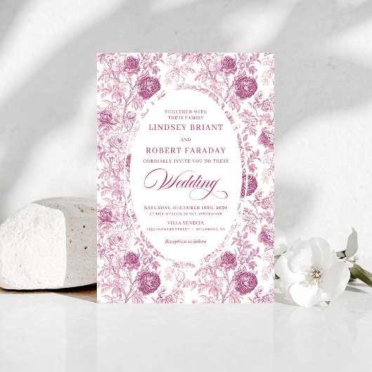Boho Blush Pink Toile Floral Wedding Invitation  Einladung