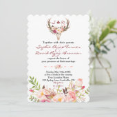 Boho Blush Red Floral Antler Skull Hochzeit Einladung (Stehend Vorderseite)