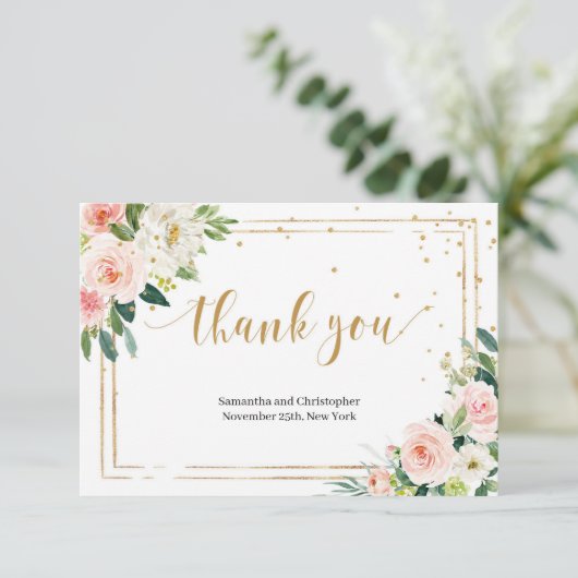 Boho Blush rosa Blume Imitate goldene geometrische Dankeskarte (Stehend Vorderseite)