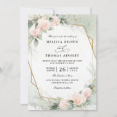 Boho-Blush-Rosa-Blumen-Grün-QR-Code-Hochzeit Einladung (Vorderseite)