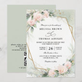 Boho-Blush-Rosa-Blumen-Grün-QR-Code-Hochzeit Einladung (Vorne/Hinten)