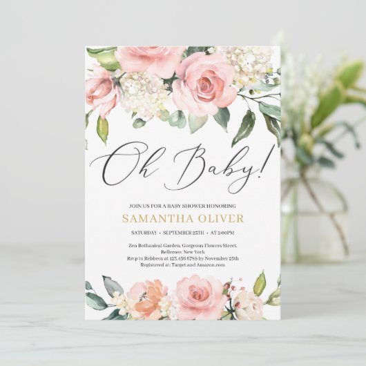 Boho Blush rosa Blumenpfirsiche Gold Oh Baby Dusch Einladung (Stehend Vorderseite)