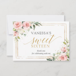 Boho Blush Rosa Blütengold Glitzer 16. Geburtstag Dankeskarte