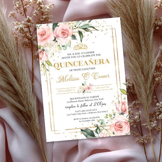 Boho Blush Rosa Blütengold Tiara quinceanera Einladung