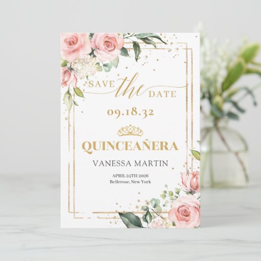 Boho Blush Rosa Blütengold tiara Quinceanera Save The Date (Stehend Vorderseite)