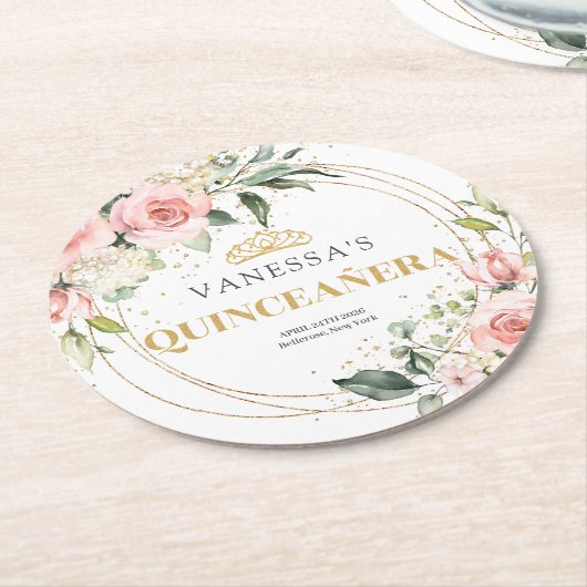 Boho Blush Rosa Blütengold Tiara Salbei Quinceaner Runder Pappuntersetzer (Angewinkelt)