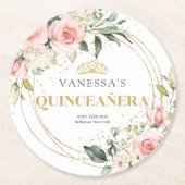 Boho Blush Rosa Blütengold Tiara Salbei Quinceaner Runder Pappuntersetzer (Vorderseite)